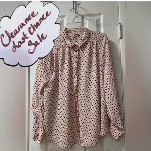 Elle Women’s SIZE XXL Blush and Black Polka Dot Long Sleeved Silky Top